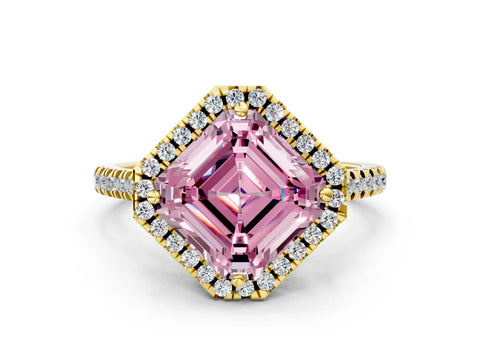 Yellow gold Fancy Pink Asscher Cut Diamond Cushion Halo Ring with Pavé Band