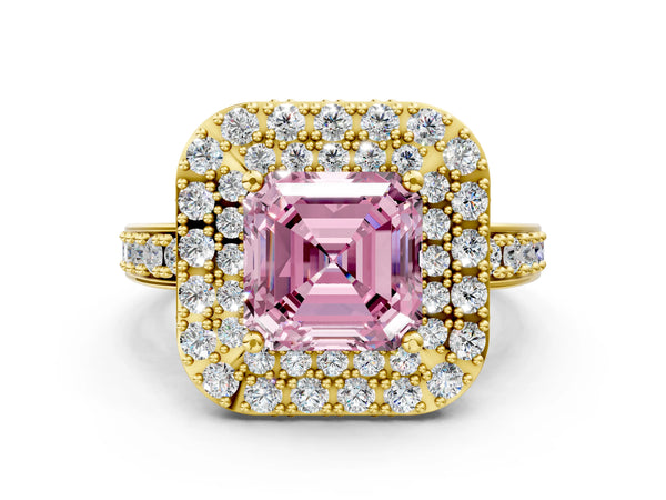 Yellow gold Fancy Pink Asscher Cut Diamond Double Halo Ring with Pavé Band and Four-Prong Setting