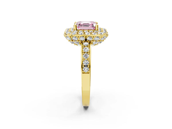 Yellow gold Fancy Pink Asscher Cut Diamond Double Halo Ring with Pavé Band and Four-Prong Setting