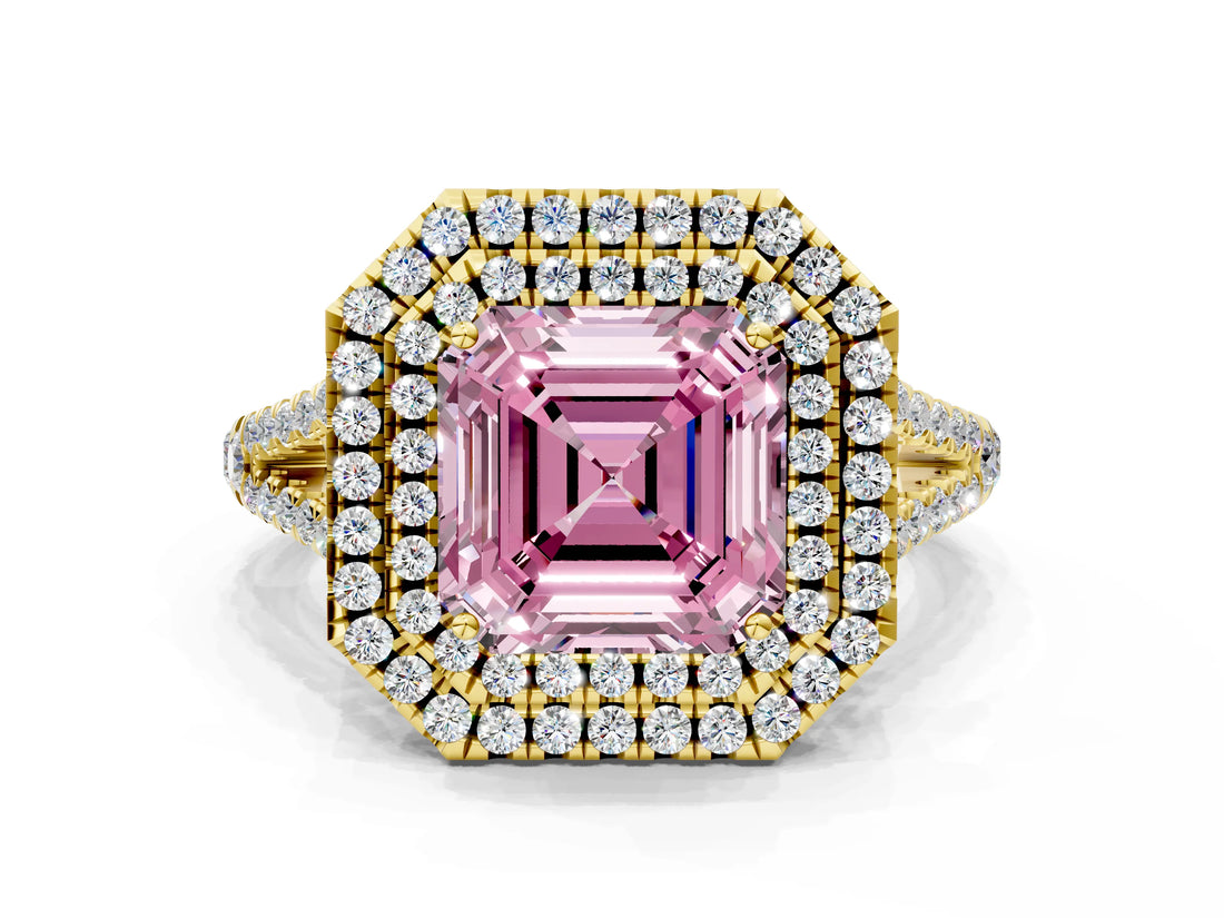 Yellow gold Fancy Pink Asscher Cut Diamond Double Halo Ring with Pavé Band and Prong Setting_22