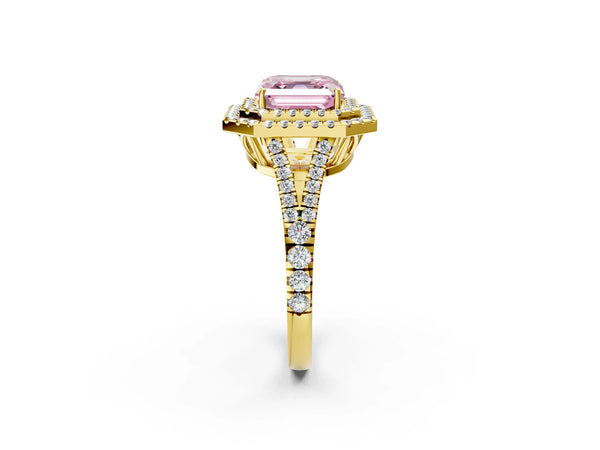 Yellow Gold Asscher Cut Stacked Double Halo Engagement Ring Setting for Fancy Pink Center