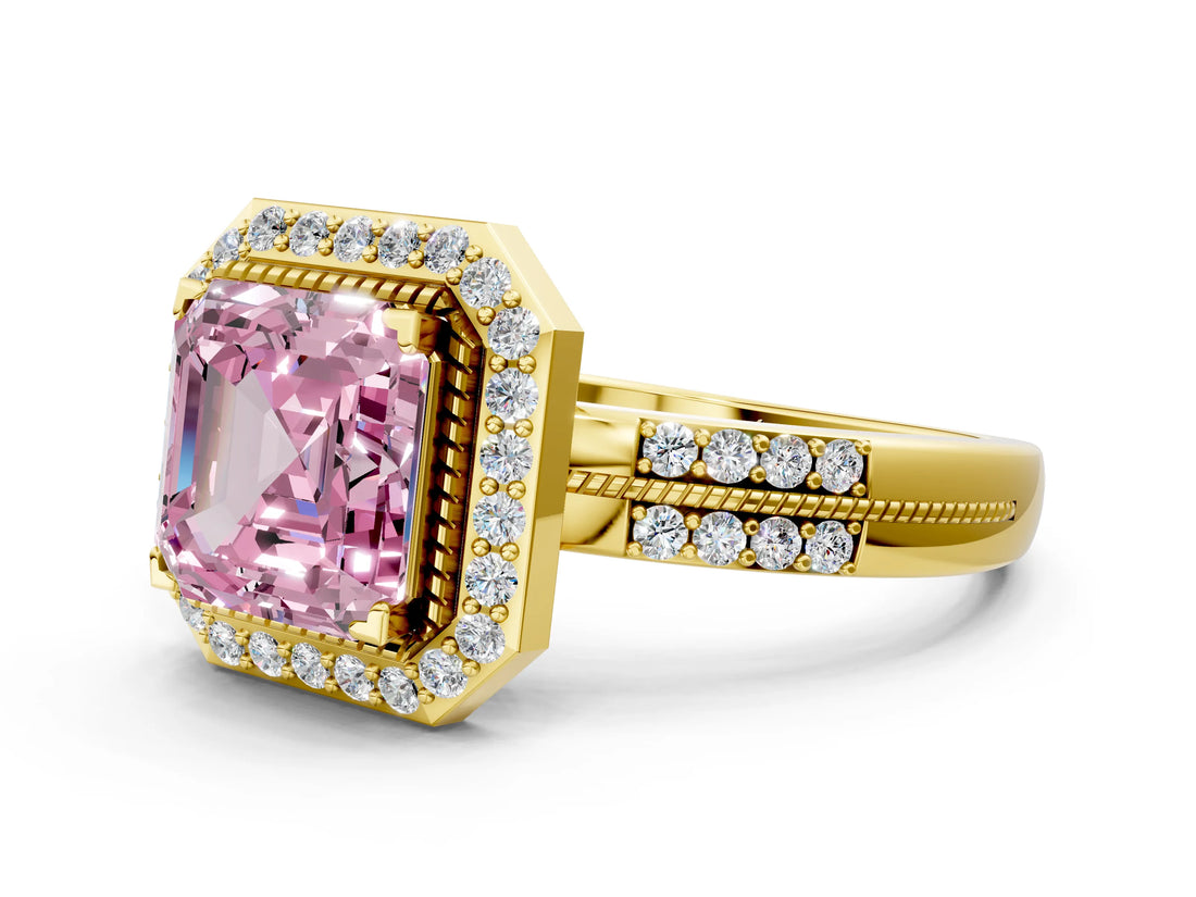 Yellow gold Fancy Pink Asscher Cut Diamond Double Halo Ring with Split Shank and Four-Prong Setting_12