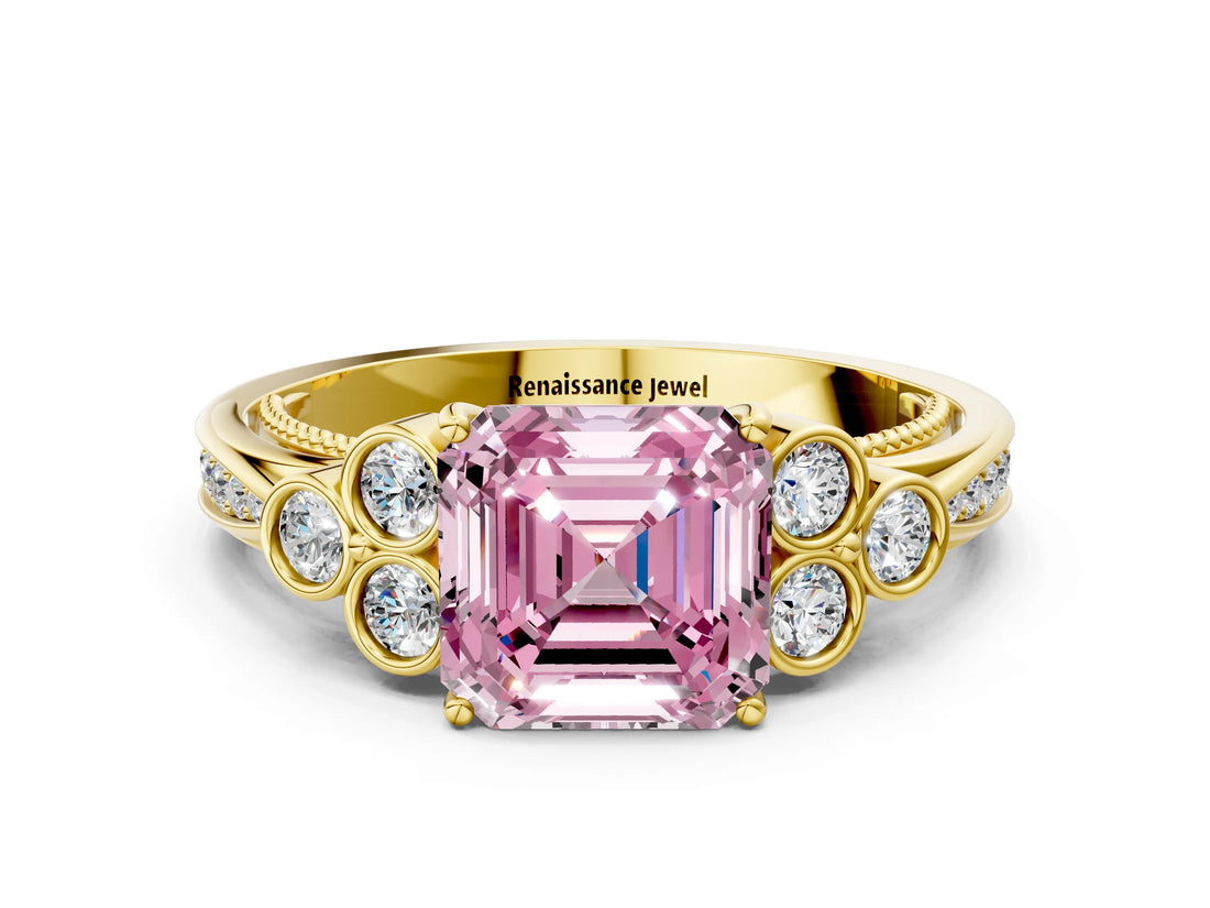 Yellow gold Fancy Pink Asscher  Cut Diamond Engagement Ring with Bezel Set Round Side Stones and Prong Setting_83
