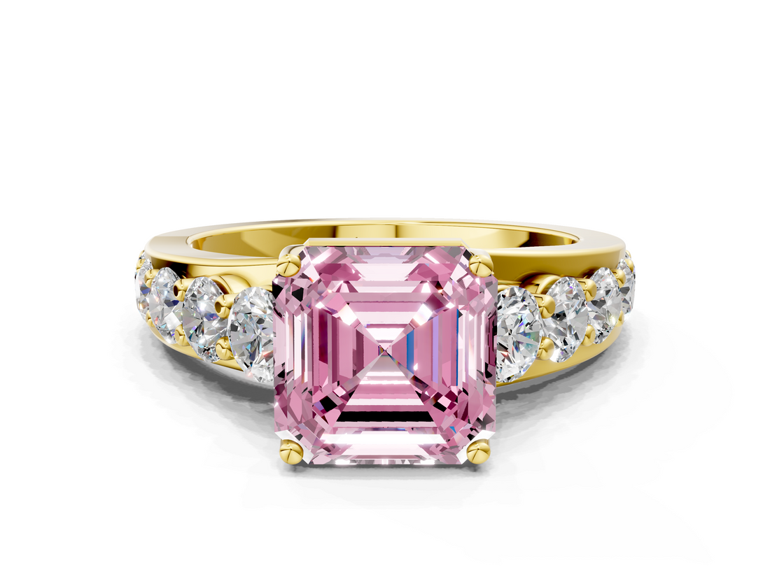 Yellow gold Fancy Pink Asscher  Cut Diamond Engagement Ring with Pavé Band and Four-Prong Setting_3