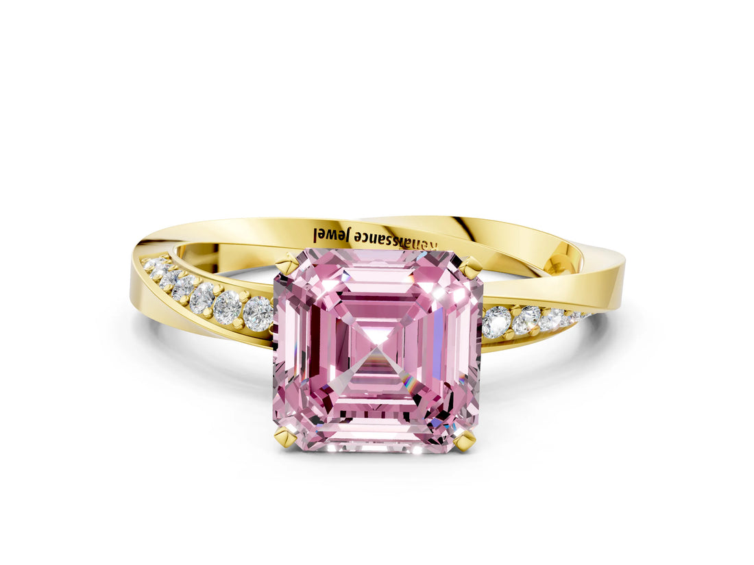 Yellow gold Fancy Pink Asscher Cut Diamond Engagement Ring with Side Stone Accents and Four-Prong Setting_12