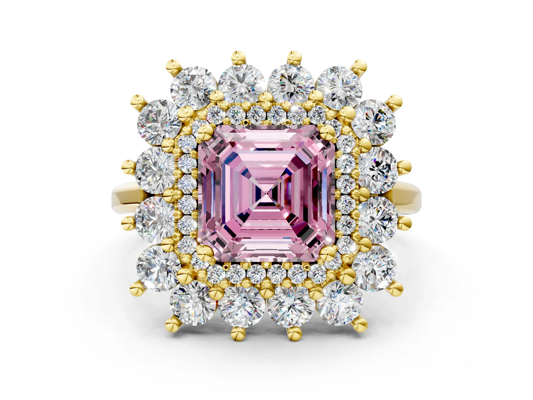 Yellow gold Fancy Pink Asscher Cut Diamond Floral Double Halo Engagement Ring with Prong Setting