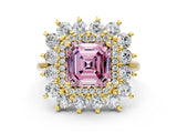 Yellow gold Fancy Pink Asscher Cut Diamond Floral Double Halo Engagement Ring with Prong Setting