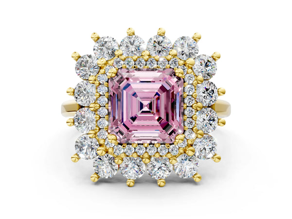 Yellow Gold Asscher Cut Floral Double Halo Engagement Ring Setting for Fancy Pink Center