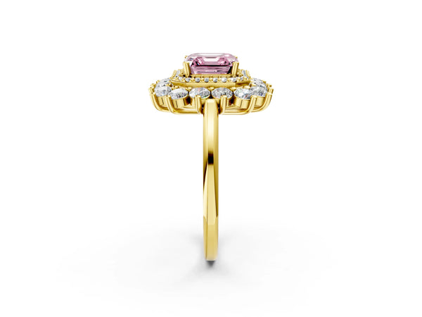 Yellow Gold Asscher Cut Floral Double Halo Engagement Ring Setting for Fancy Pink Center