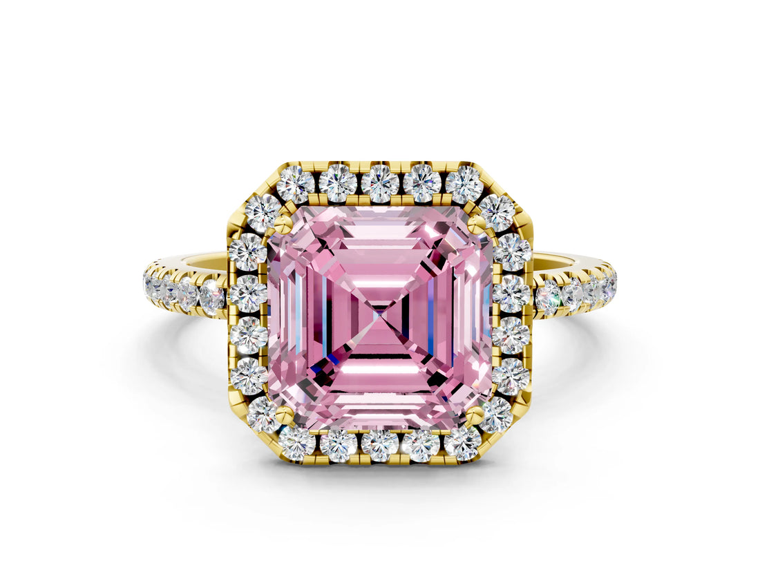 Yellow gold Fancy Pink Asscher  Cut Diamond Floral Halo Engagement Ring with Pavé Band and Prong Setting_16