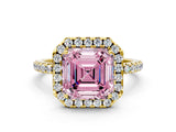 Yellow gold Fancy Pink Asscher  Cut Diamond Floral Halo Engagement Ring with Pavé Band and Prong Setting_16