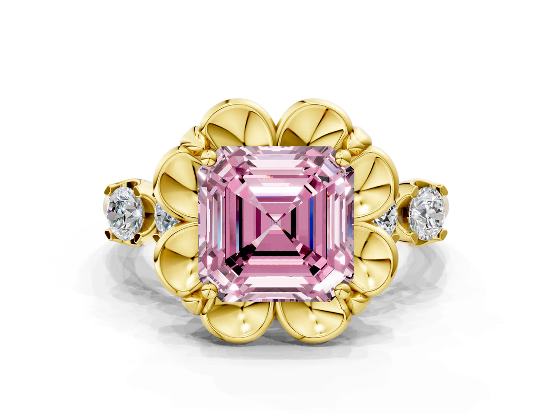 Yellow gold Fancy Pink Asscher  Cut Diamond Floral Halo Engagement Ring with Shared Prong Setting 1