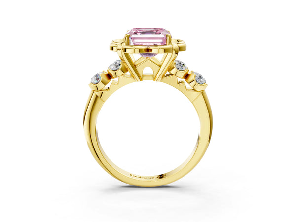 Yellow Gold Asscher Cut Floral Engagement Ring Setting for Fancy Pink Center with Side Accents