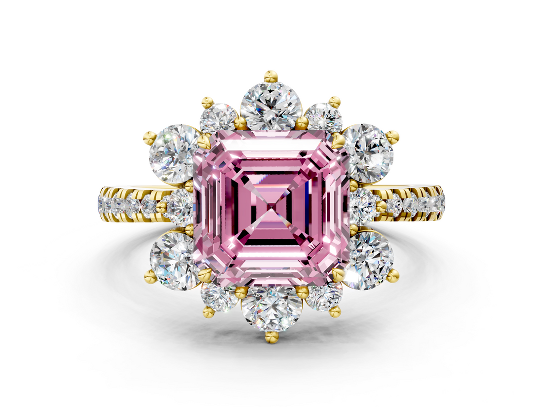 Yellow gold Fancy Pink Asscher  Cut Diamond Floral Halo Pave Band with Prong Setting
