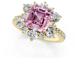 Yellow gold Fancy Pink Asscher  Cut Diamond Floral Halo Pave Band with Prong Setting_1
