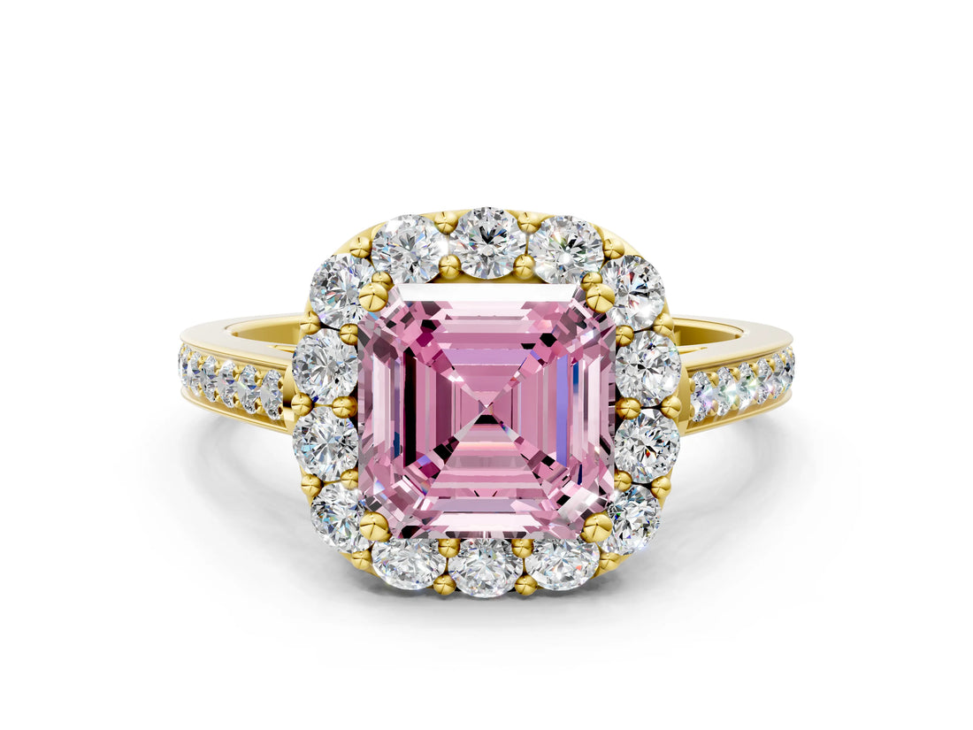 Yellow gold Fancy Pink Asscher Cut Diamond Floral Halo Ring with Pavé Band and Prong Setting_3