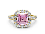 Yellow gold Fancy Pink Asscher Cut Diamond Floral Halo Ring with Pavé Band and Prong Setting_3