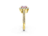 Yellow gold Fancy Pink Asscher Cut Diamond Floral Halo Ring with Pavé Band and Prong Setting_5