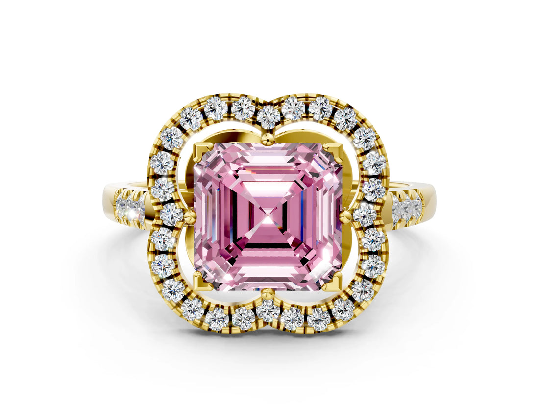 Yellow gold Fancy Pink Asscher Cut Diamond Floral Halo Split Shank Prong Setting Ring