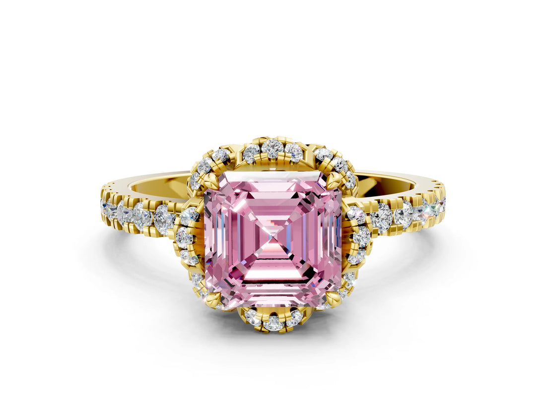 Yellow gold Fancy Pink Asscher Cut Diamond Halo Pave Band with Four-Prong Setting_15