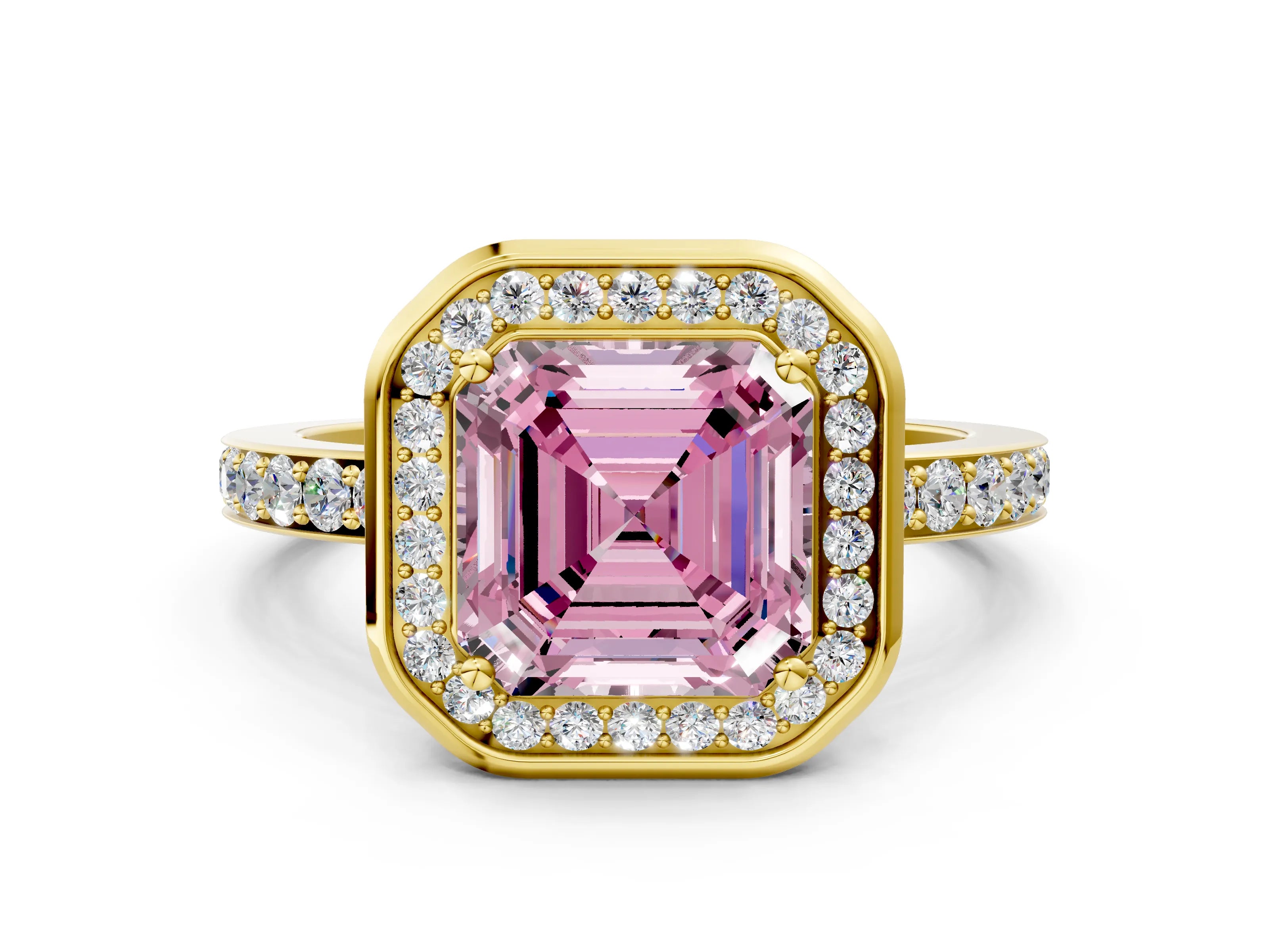 Yellow gold Fancy Pink Asscher Cut Diamond Halo Ring with Bezel Frame and Pavé Band