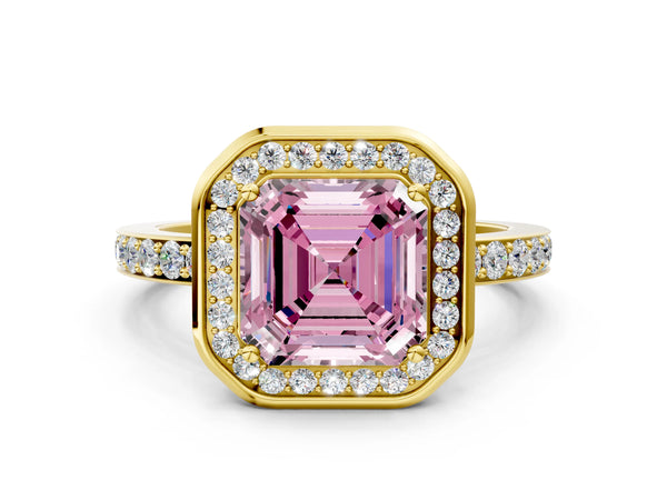 Yellow Gold Asscher Cut Pave Bezel-Rim Halo Engagement Ring Setting for Fancy Pink Center
