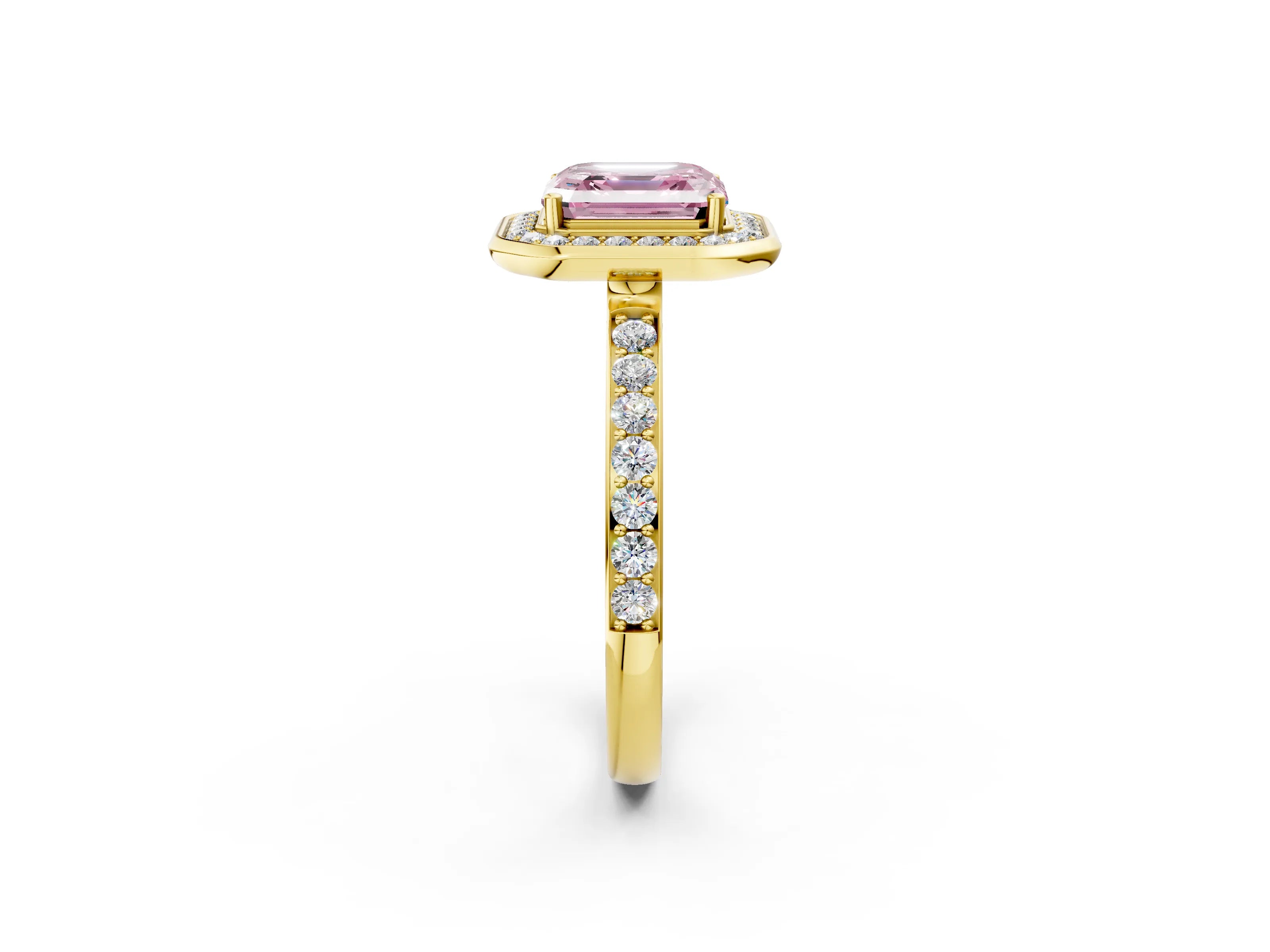 Yellow gold Fancy Pink Asscher Cut Diamond Halo Ring with Bezel Frame and Pavé Band_2