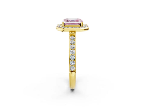 Yellow gold Fancy Pink Asscher Cut Diamond Halo Ring with Bezel Frame and Pavé Band_2