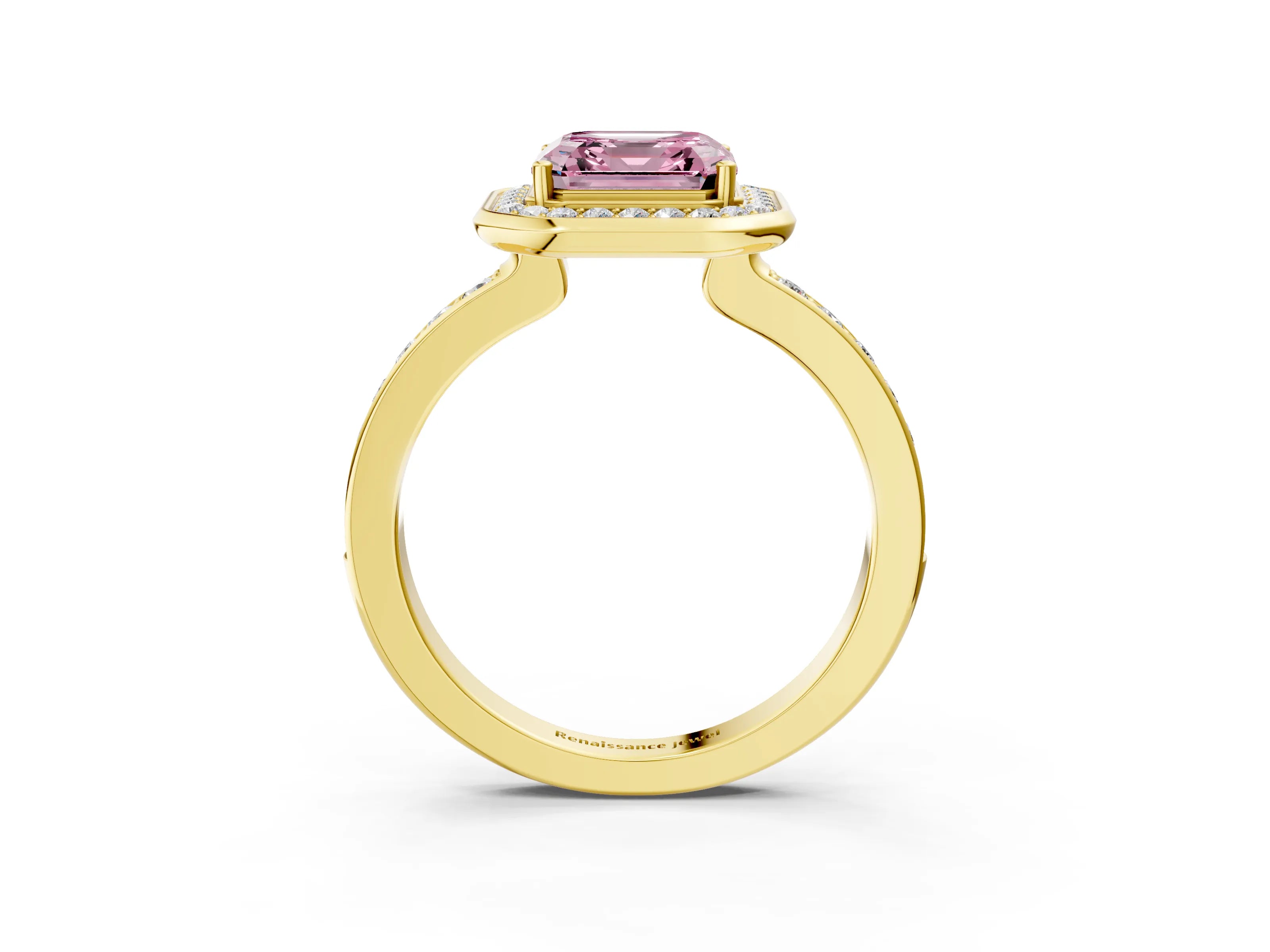 Yellow gold Fancy Pink Asscher Cut Diamond Halo Ring with Bezel Frame and Pavé Band_3