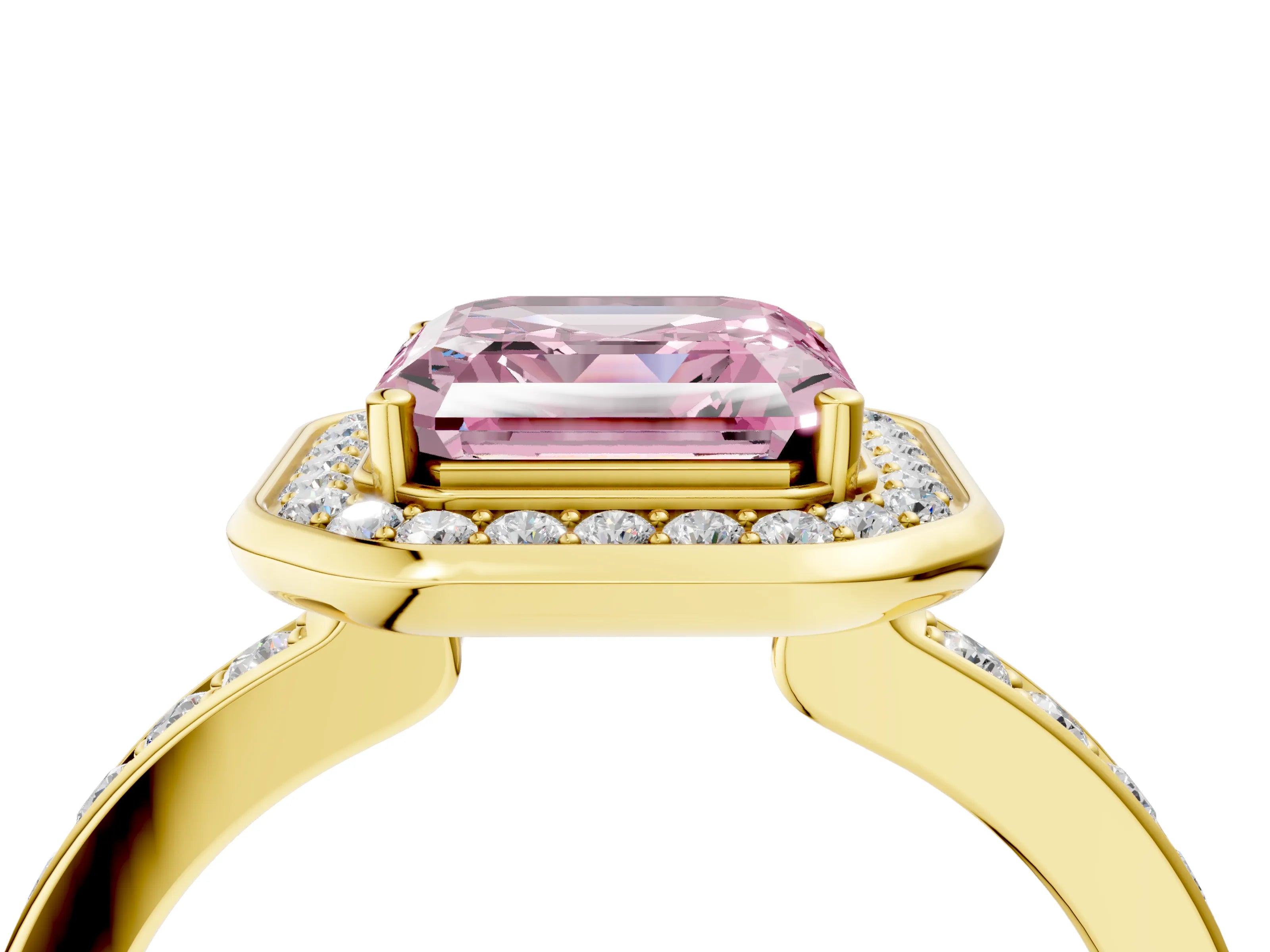 Yellow gold Fancy Pink Asscher Cut Diamond Halo Ring with Bezel Frame and Pavé Band_4