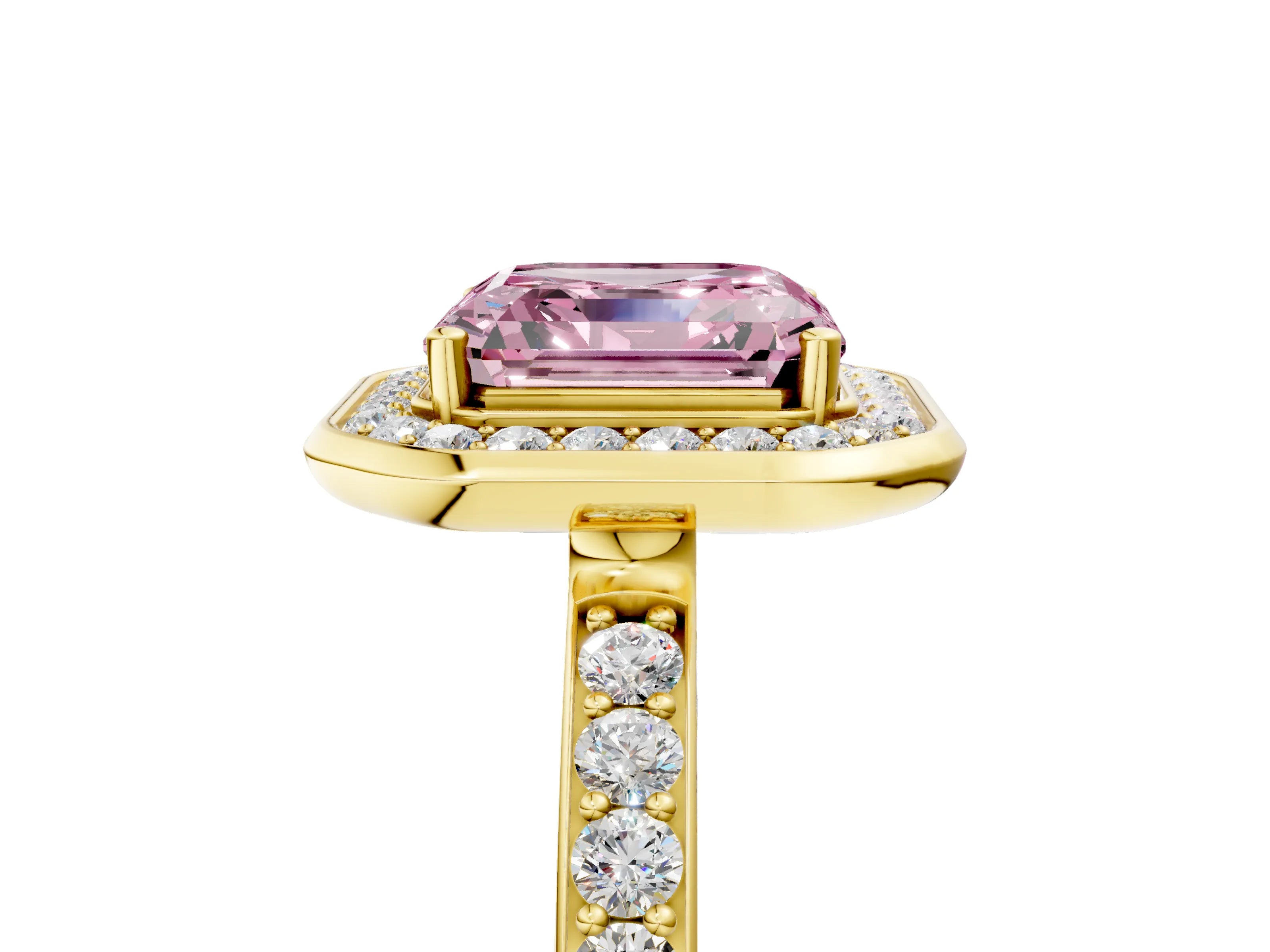 Yellow gold Fancy Pink Asscher Cut Diamond Halo Ring with Bezel Frame and Pavé Band_5