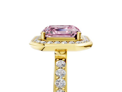 Yellow gold Fancy Pink Asscher Cut Diamond Halo Ring with Bezel Frame and Pavé Band_5