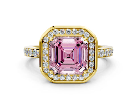 Yellow gold Fancy Pink Asscher Cut Diamond Halo Ring with Bezel Frame and Pavé Band