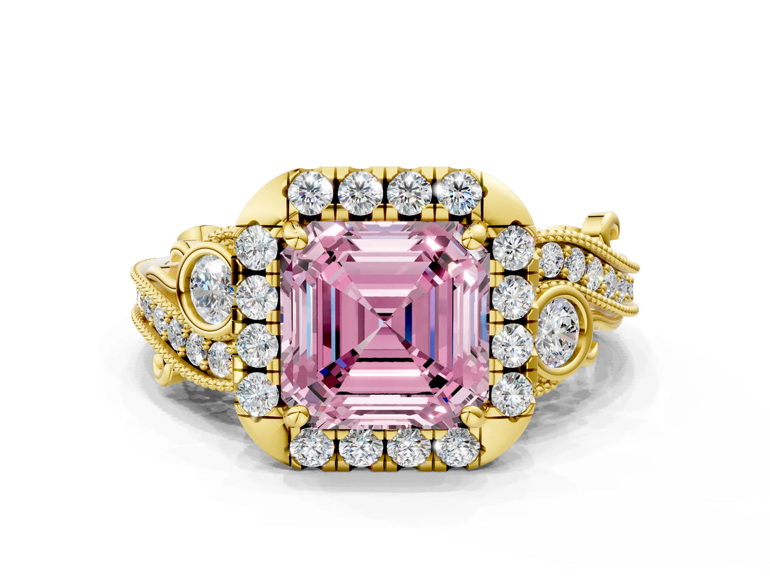 Yellow gold Fancy Pink Asscher Cut Diamond Halo Ring with Milgrain Pavé Band and Four-Prong Setting_134