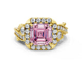 Yellow gold Fancy Pink Asscher Cut Diamond Halo Ring with Milgrain Pavé Band and Four-Prong Setting_134
