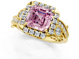 Yellow gold Fancy Pink Asscher Cut Diamond Halo Ring with Milgrain Pavé Band and Four-Prong Setting_135