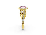 Yellow gold Fancy Pink Asscher Cut Diamond Halo Ring with Milgrain Pavé Band and Four-Prong Setting_136