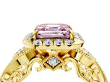 Yellow gold Fancy Pink Asscher Cut Diamond Halo Ring with Milgrain Pavé Band and Four-Prong Setting_138