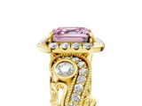 Yellow gold Fancy Pink Asscher Cut Diamond Halo Ring with Milgrain Pavé Band and Four-Prong Setting_139