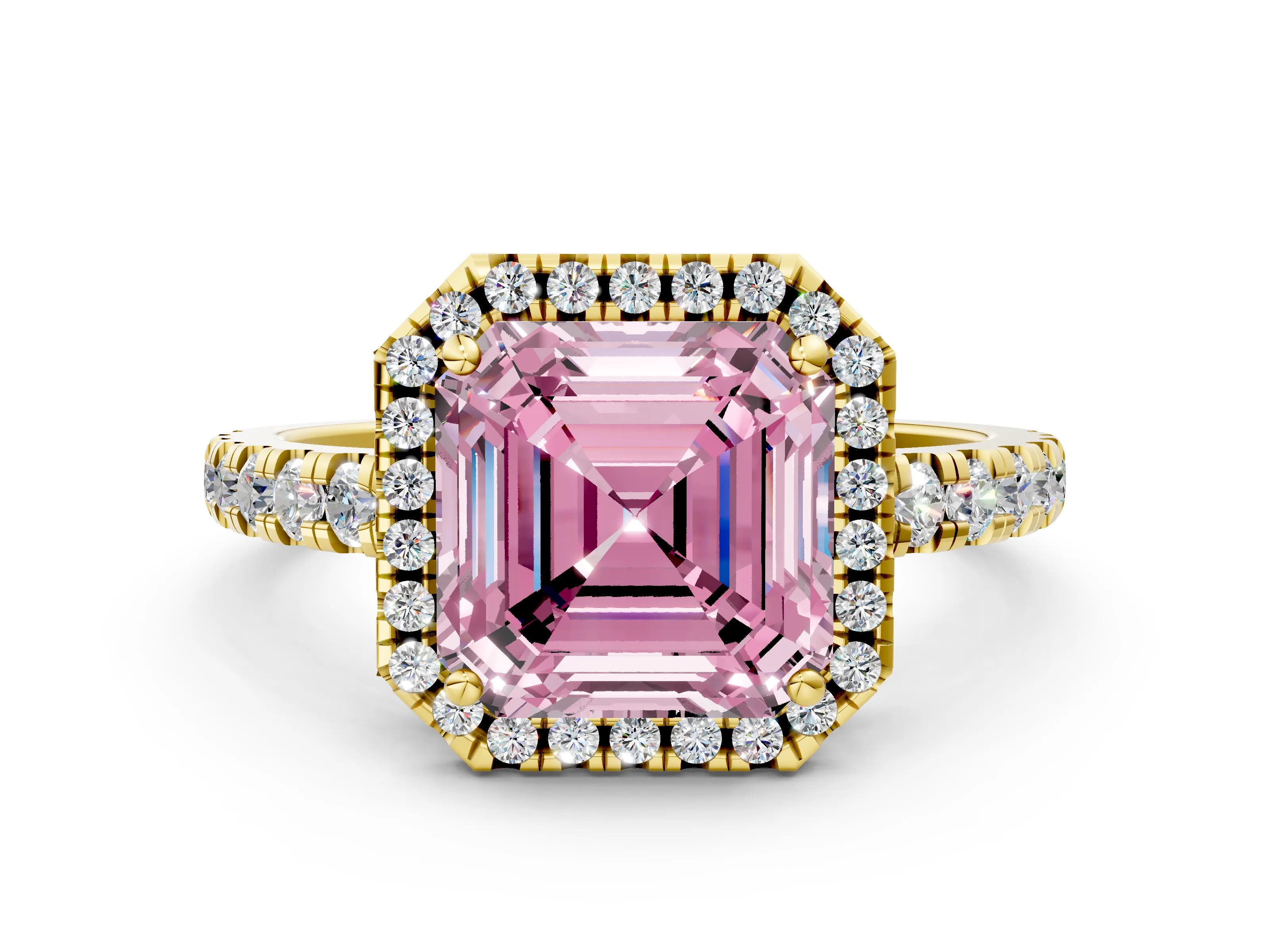 Yellow gold Fancy Pink Asscher Cut Diamond Halo Ring with Pavé Band and Four-Prong Setting