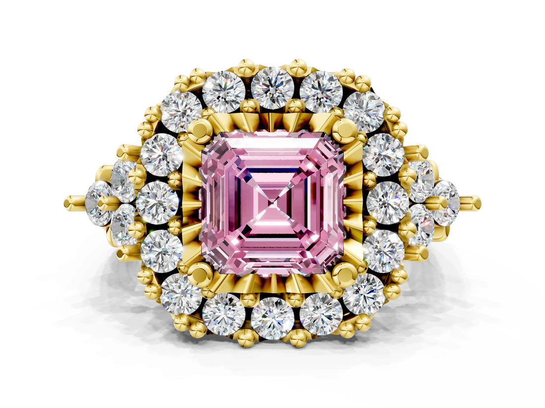 Yellow gold Fancy Pink Asscher Cut Diamond Halo Ring with Pavé Band and Four-Prong Setting_18