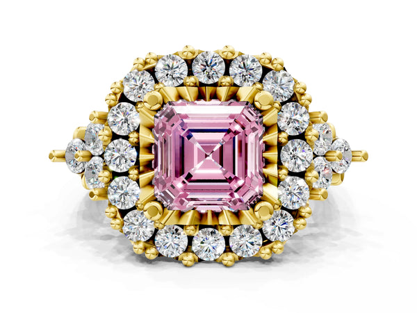 Yellow Gold Asscher Cut Halo Crossover Pave Engagement Ring Setting for Fancy Pink Center