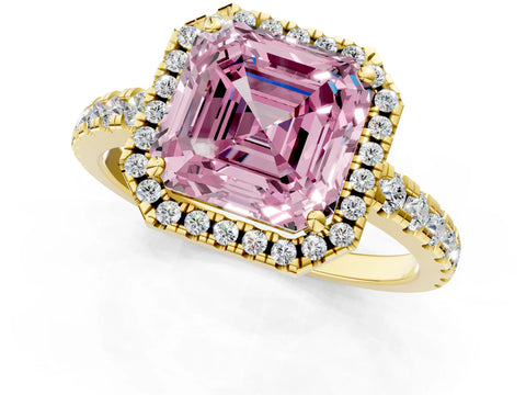 Yellow gold Fancy Pink Asscher Cut Diamond Halo Ring with Pavé Band and Four-Prong Setting_1