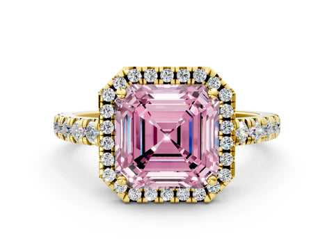 Yellow gold Fancy Pink Asscher Cut Diamond Halo Ring with Pavé Band and Four-Prong Setting