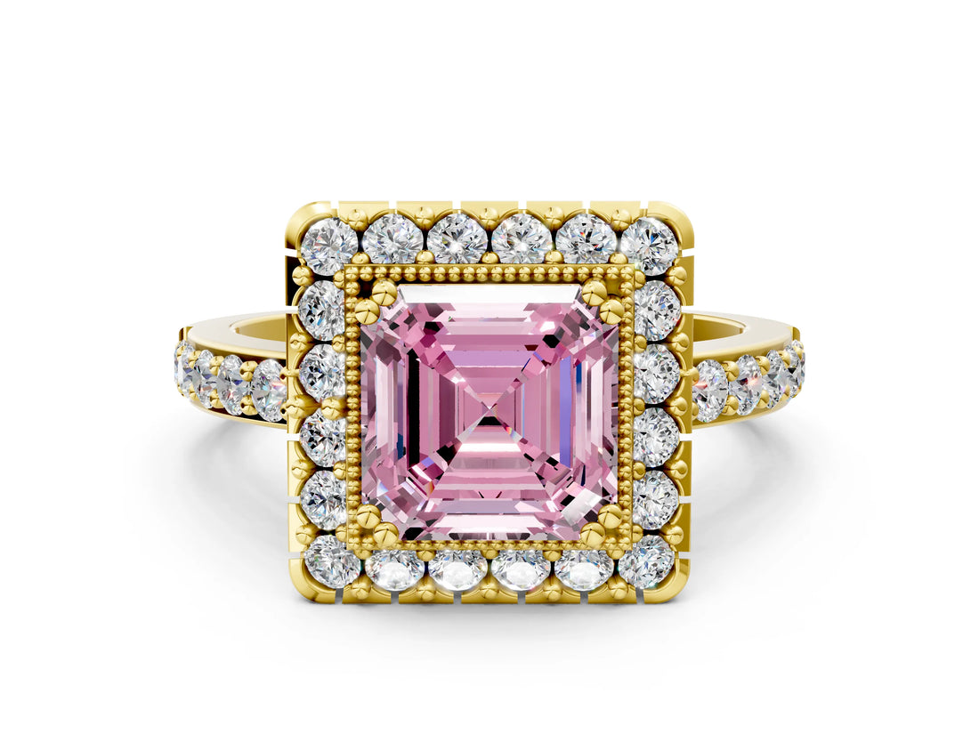 Yellow gold Fancy Pink Asscher Cut Diamond Halo Ring with Pavé Band and Prong Setting