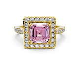Yellow gold Fancy Pink Asscher Cut Diamond Halo Ring with Pavé Band and Prong Setting