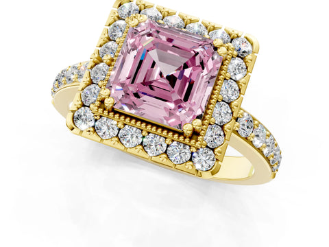 Yellow gold Fancy Pink Asscher Cut Diamond Halo Ring with Pavé Band and Prong Setting_1