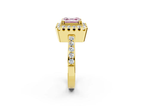 Yellow gold Fancy Pink Asscher Cut Diamond Halo Ring with Pavé Band and Prong Setting_2