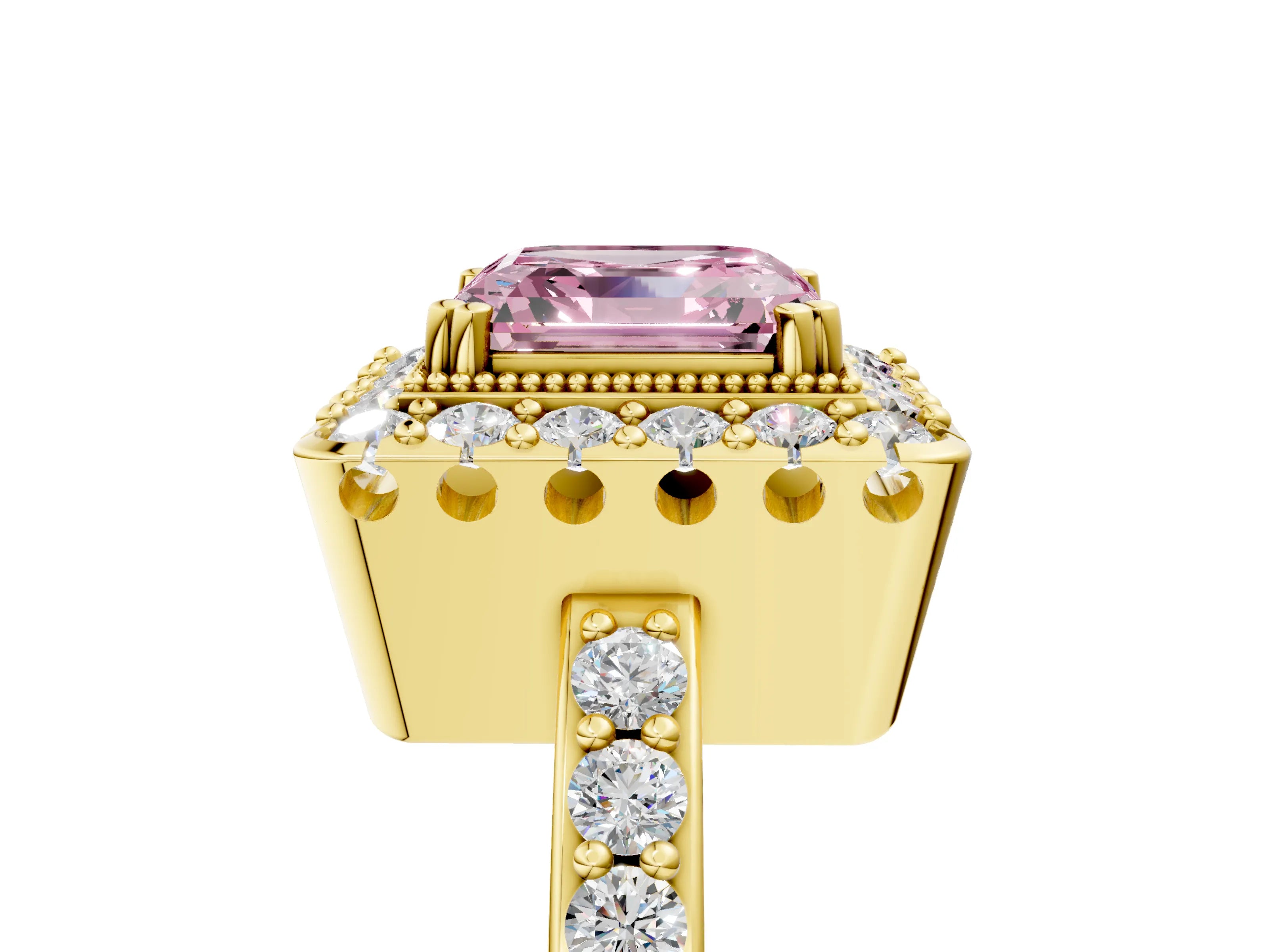 Yellow gold Fancy Pink Asscher Cut Diamond Halo Ring with Pavé Band and Prong Setting_5