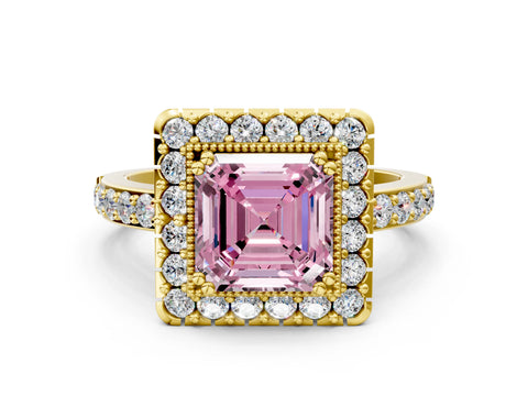 Yellow gold Fancy Pink Asscher Cut Diamond Halo Ring with Pavé Band and Prong Setting